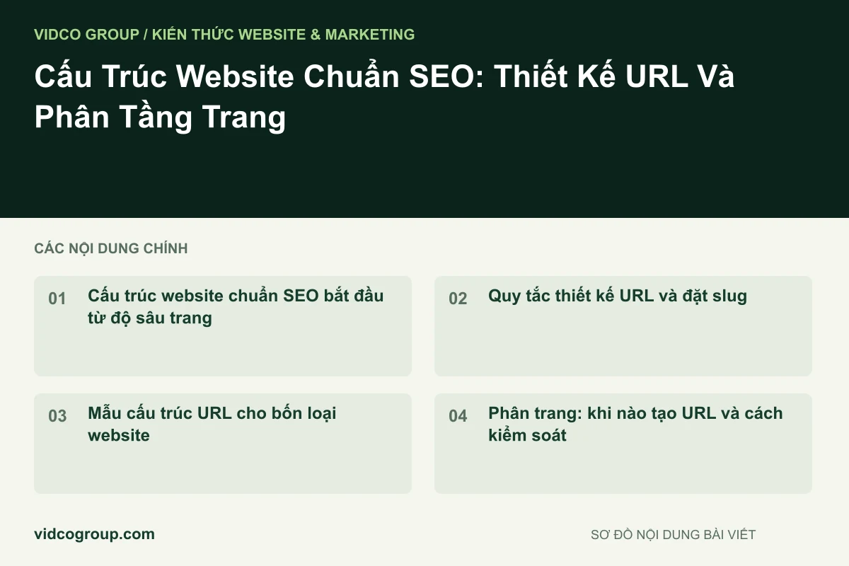 Sơ đồ nội dung bài viết: Cấu Trúc Website Chuẩn SEO: Thiết Kế URL Và Phân Tầng Trang