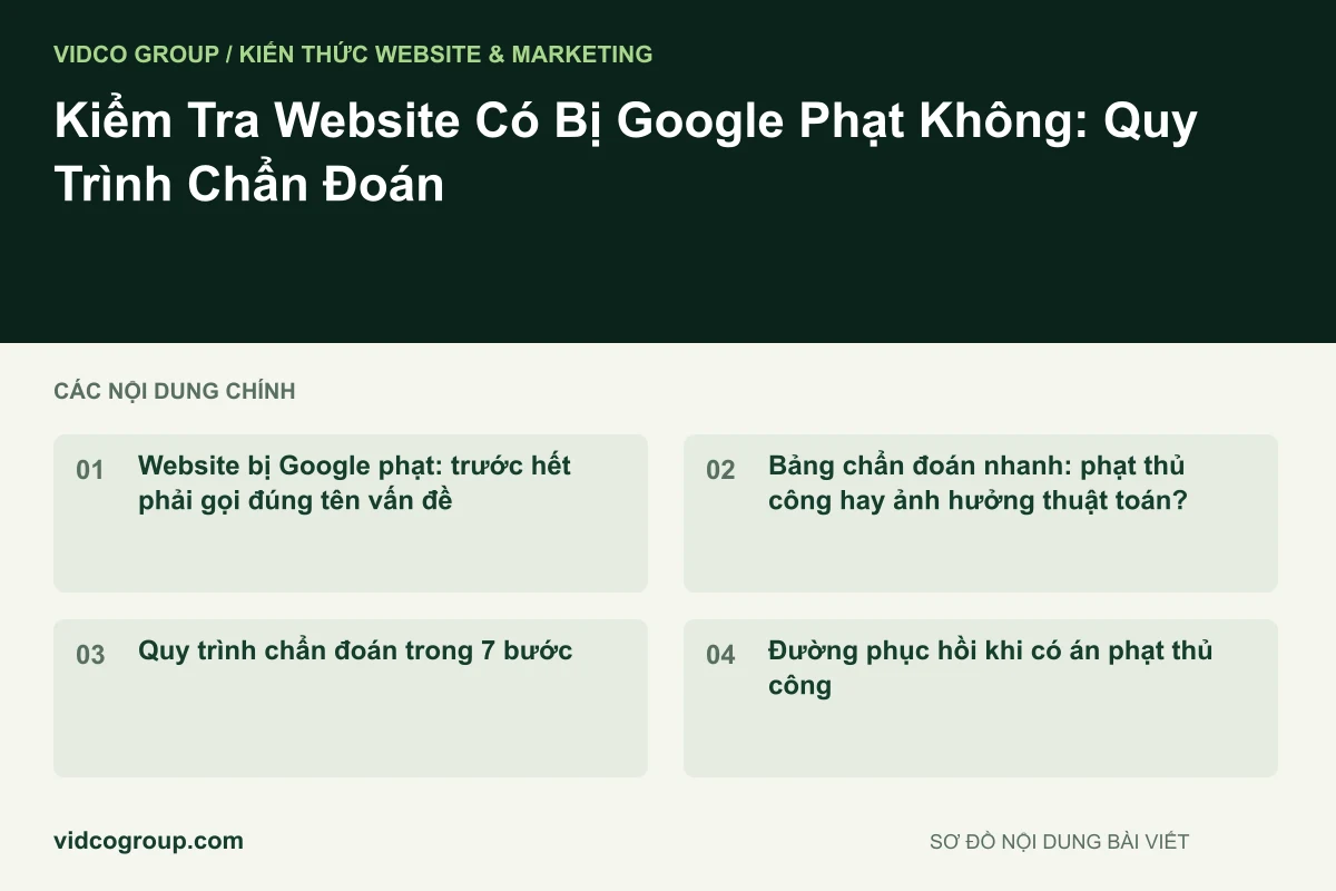 Sơ đồ nội dung bài viết: Kiểm Tra Website Có Bị Google Phạt Không: Quy Trình Chẩn Đoán