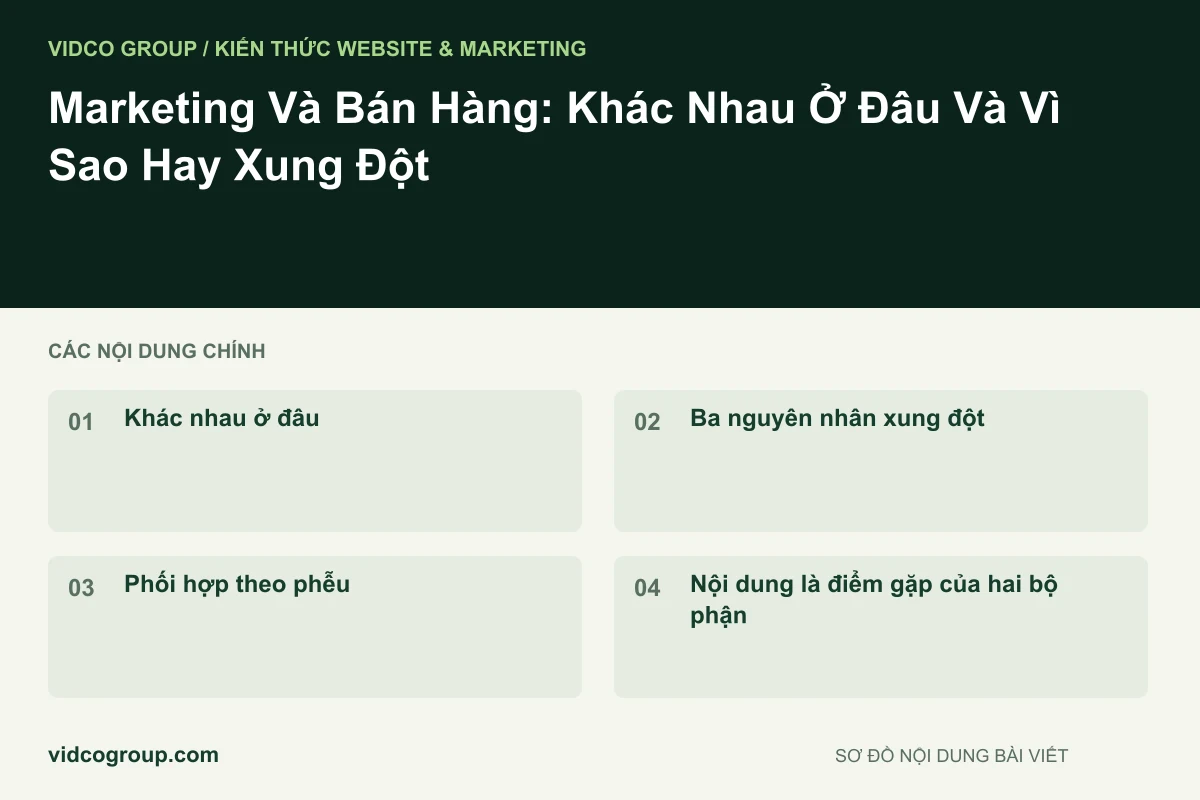 Sơ đồ nội dung bài viết: Marketing Và Bán Hàng: Khác Nhau Ở Đâu Và Vì Sao Hay Xung Đột