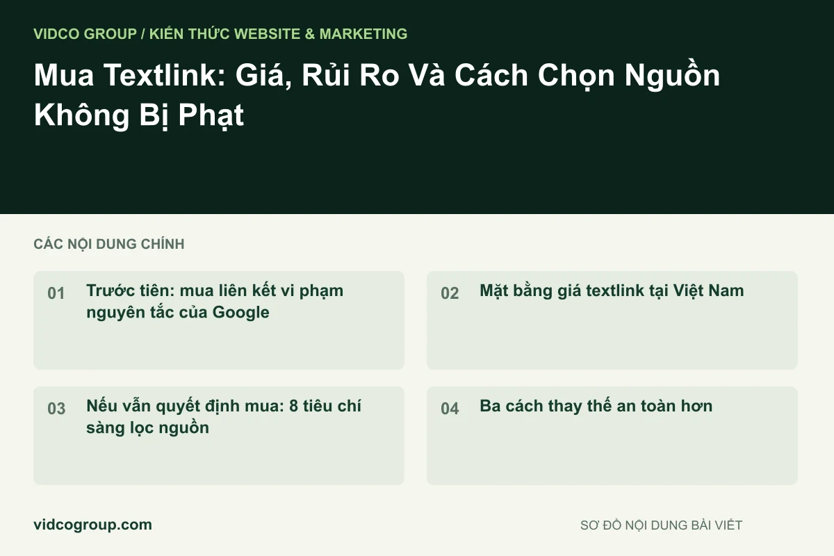 Sơ đồ nội dung bài viết: Mua Textlink: Giá, Rủi Ro Và Cách Chọn Nguồn Không Bị Phạt