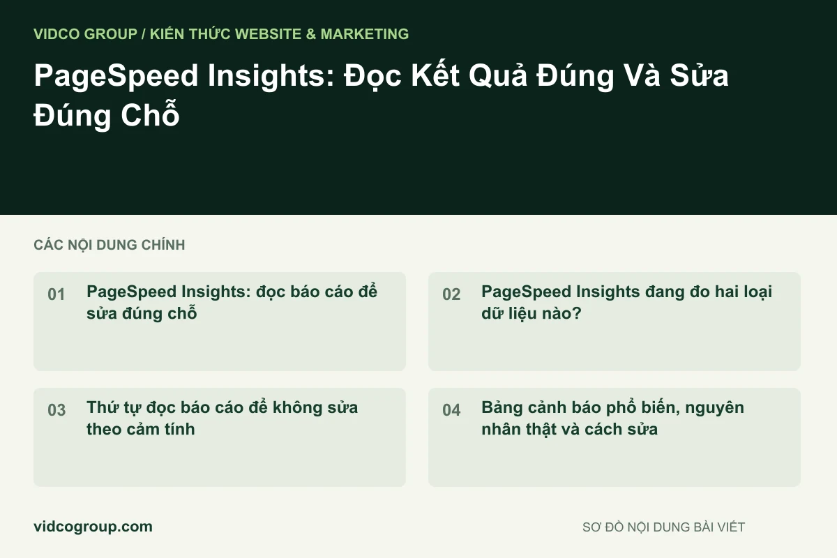 Sơ đồ nội dung bài viết: PageSpeed Insights: Đọc Kết Quả Đúng Và Sửa Đúng Chỗ