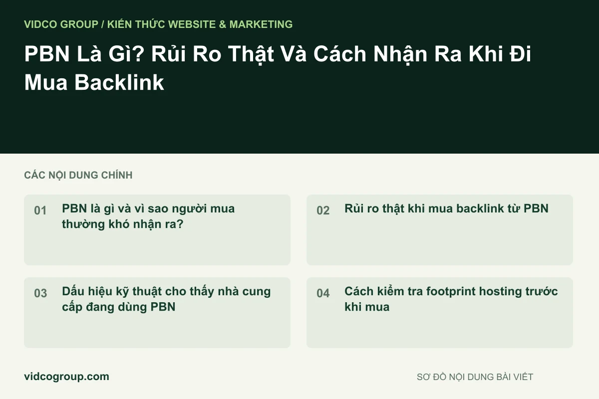 Sơ đồ nội dung bài viết: PBN Là Gì? Rủi Ro Thật Và Cách Nhận Ra Khi Đi Mua Backlink