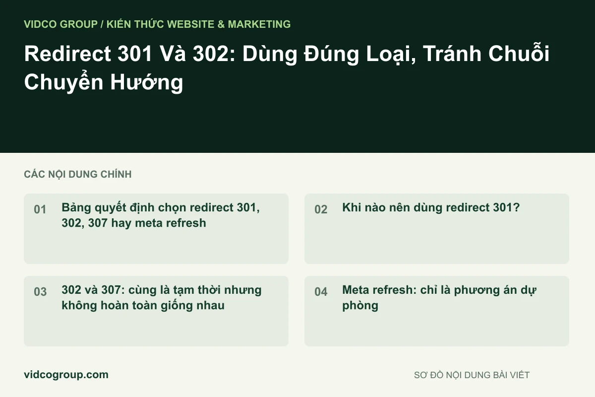 Sơ đồ nội dung bài viết: Redirect 301 Và 302: Dùng Đúng Loại, Tránh Chuỗi Chuyển Hướng