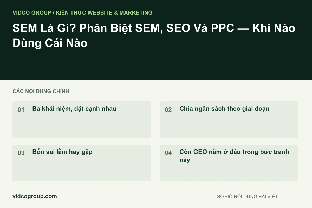 Sơ đồ nội dung bài viết: SEM Là Gì? Phân Biệt SEM, SEO Và PPC — Khi Nào Dùng Cái Nào