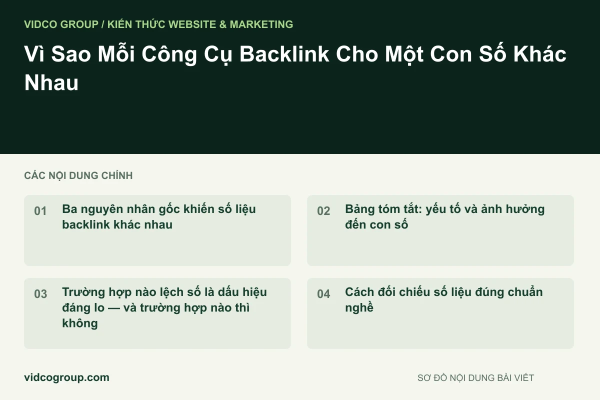Sơ đồ nội dung bài viết: Vì Sao Mỗi Công Cụ Backlink Cho Một Con Số Khác Nhau