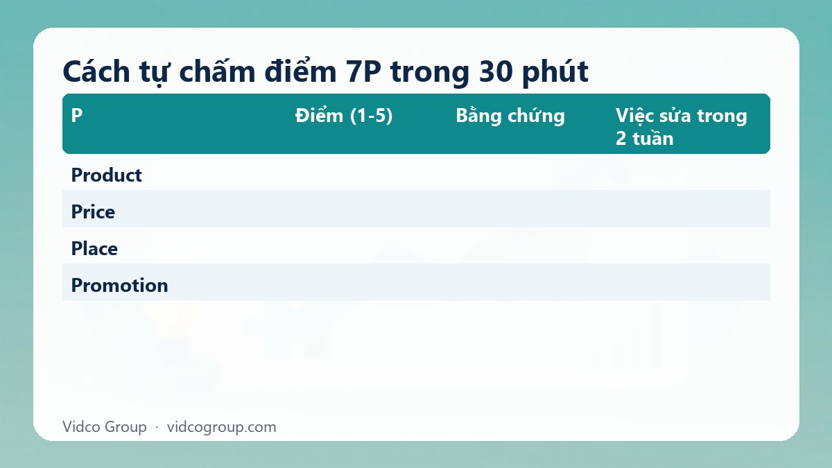 Bảng tóm tắt: Cách tự chấm điểm 7P trong 30 phút