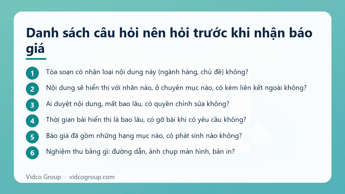 Các bước: Danh sách câu hỏi nên hỏi trước khi nhận báo giá