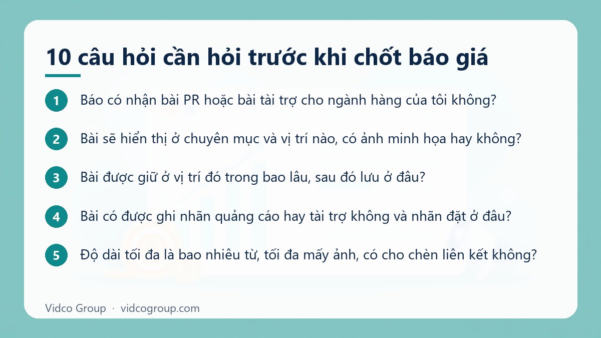 Các bước: 10 câu hỏi cần hỏi trước khi chốt báo giá