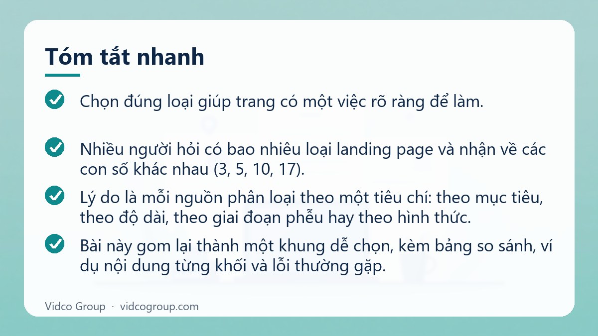 Tóm tắt nhanh: Các Loại Landing Page