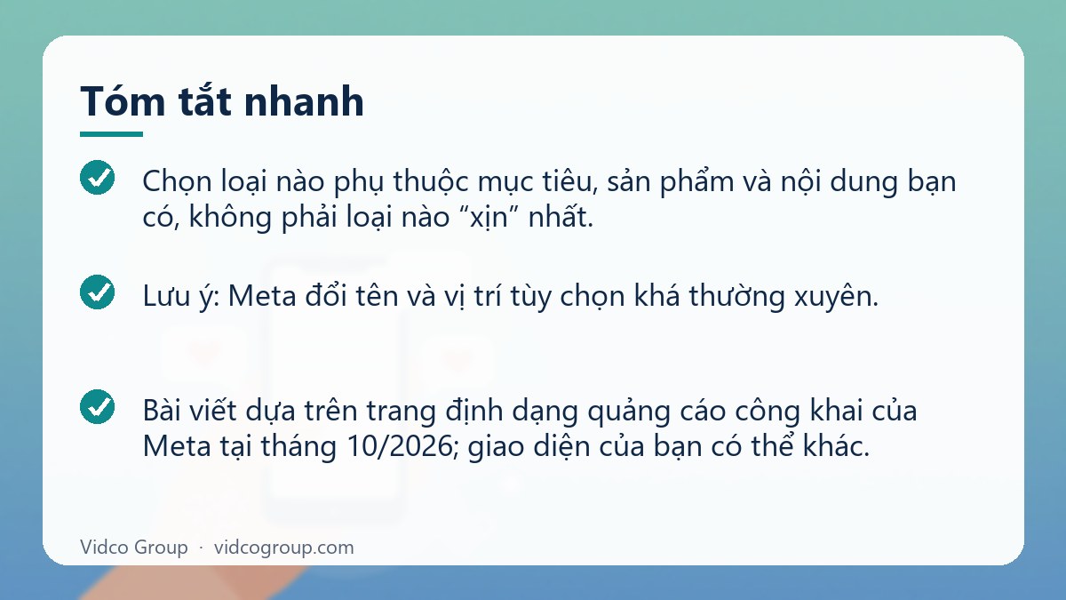 Tóm tắt nhanh: Các loại quảng cáo Facebook và cách chọn phù hợp