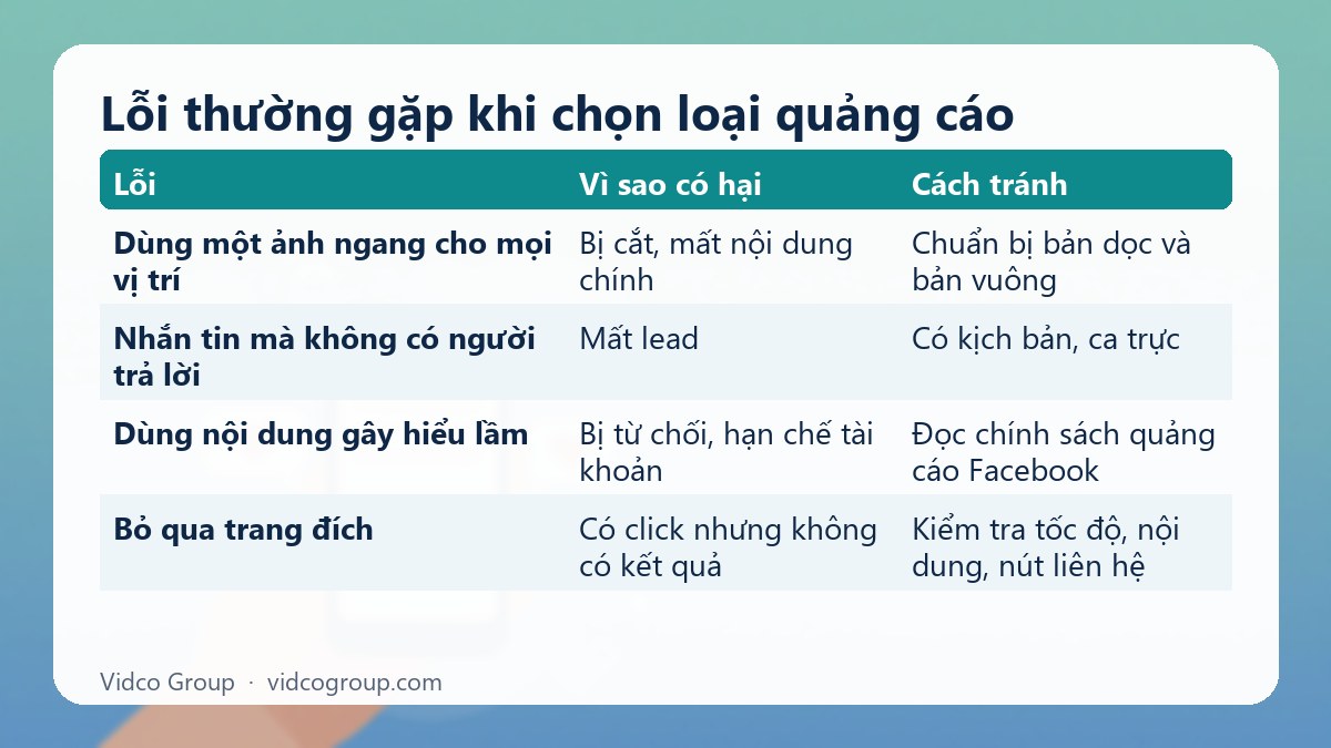 Bảng tóm tắt: Lỗi thường gặp khi chọn loại quảng cáo