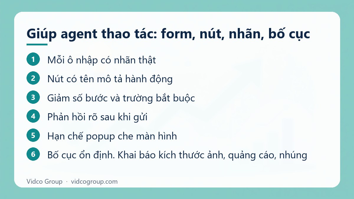 Các bước: Giúp agent thao tác: form, nút, nhãn, bố cục