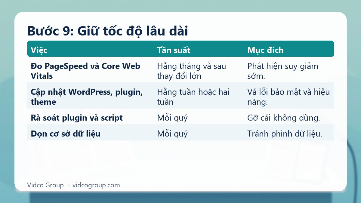 Bảng tóm tắt: Bước 9: Giữ tốc độ lâu dài