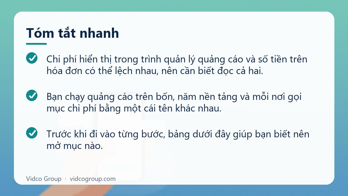 Tóm tắt nhanh: Cách xem chi phí quảng cáo Meta, TikTok, Google, Shopee
