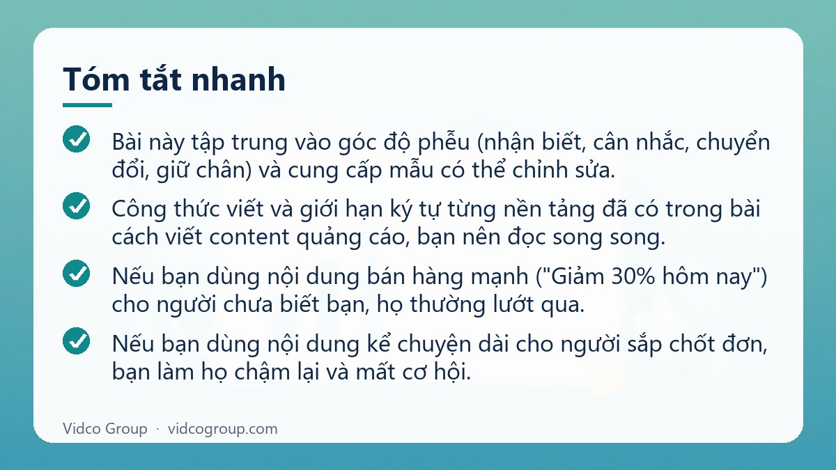 Tóm tắt nhanh: Content Chạy Ads Theo Phễu