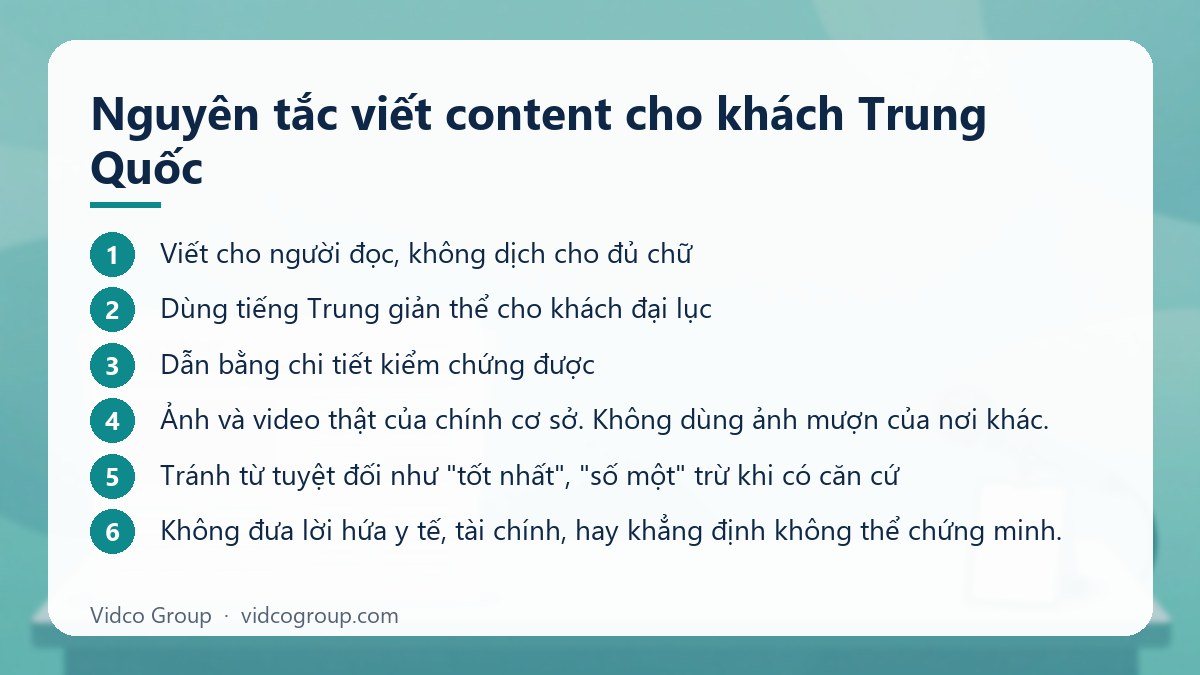 Các bước: Nguyên tắc viết content cho khách Trung Quốc