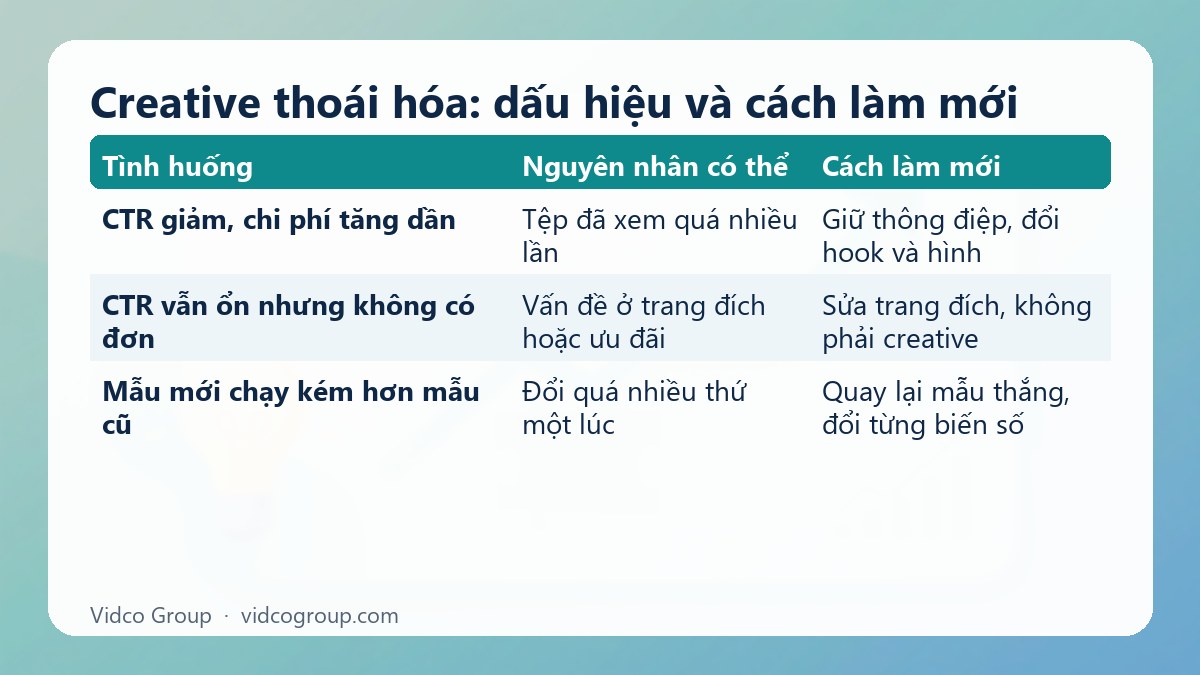 Bảng tóm tắt: Creative thoái hóa: dấu hiệu và cách làm mới