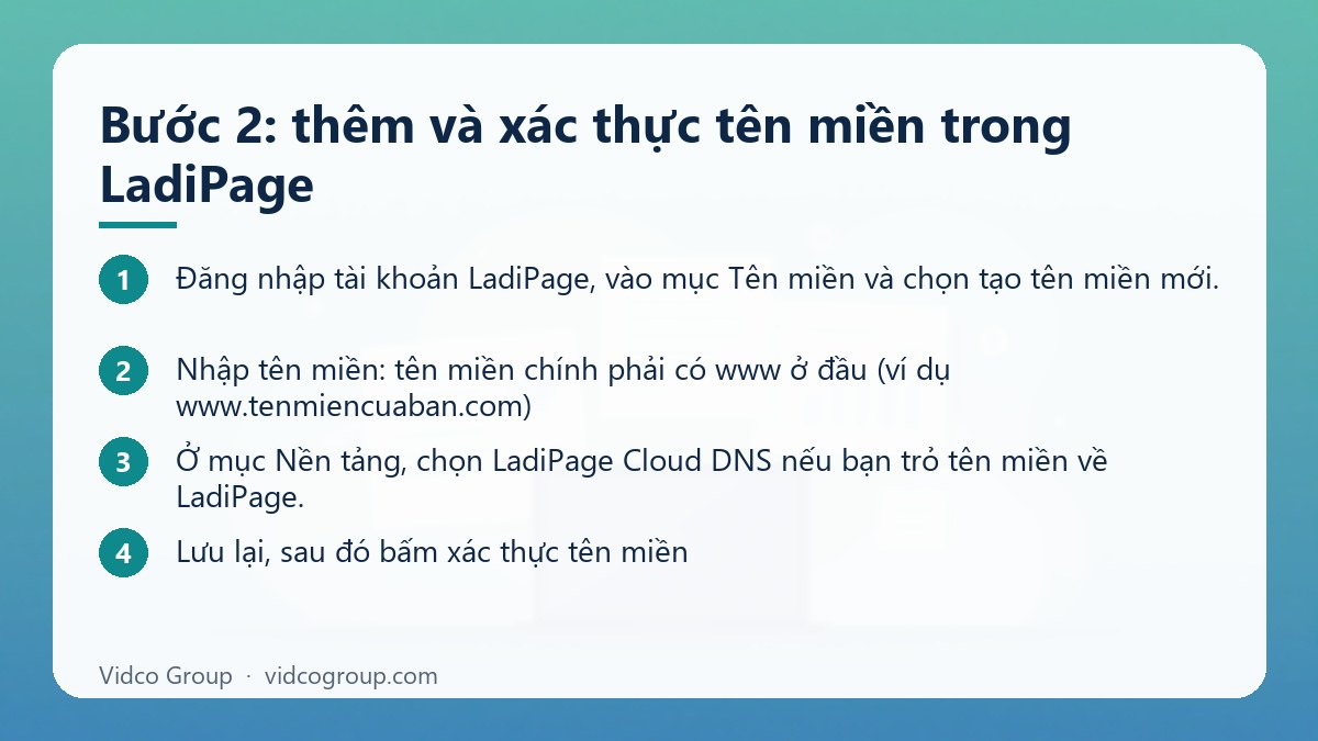 Các bước: Bước 2: thêm và xác thực tên miền trong LadiPage