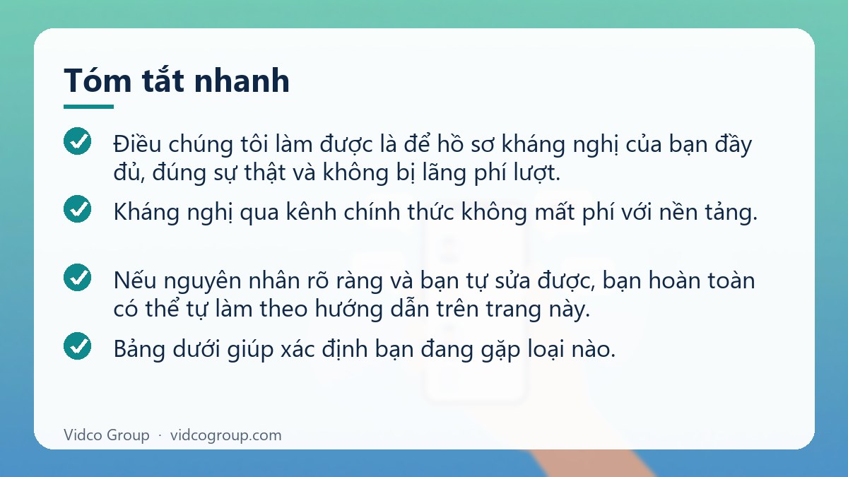 Tóm tắt nhanh: Dịch vụ kháng tài khoản quảng cáo Facebook, Google Ads