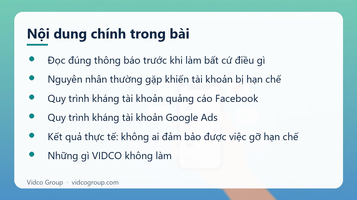 Nội dung chính: Dịch vụ kháng tài khoản quảng cáo Facebook, Google Ads