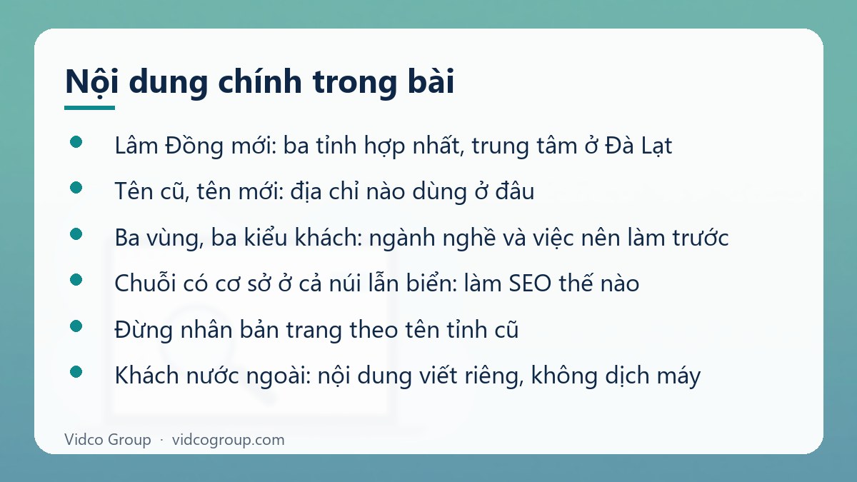 Nội dung chính: Dịch vụ SEO Lâm Đồng (gồm Bình Thuận, Đắk Nông cũ)