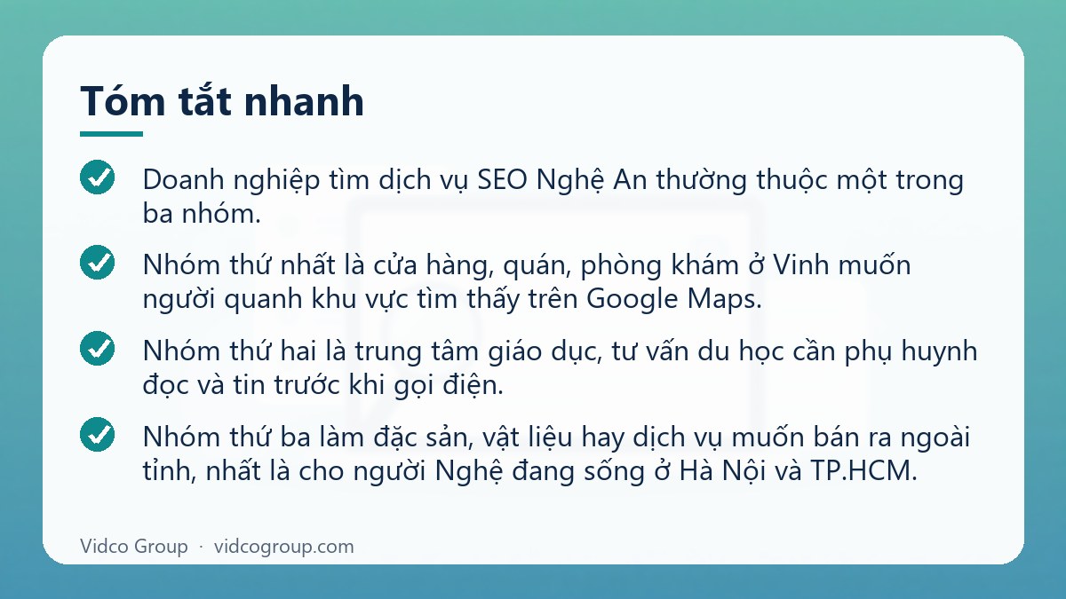 Tóm tắt nhanh: Dịch vụ SEO Nghệ An