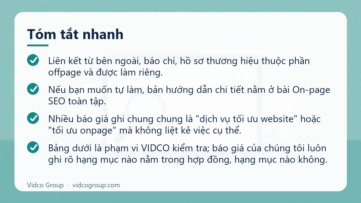 Tóm tắt nhanh: Dịch vụ SEO onpage