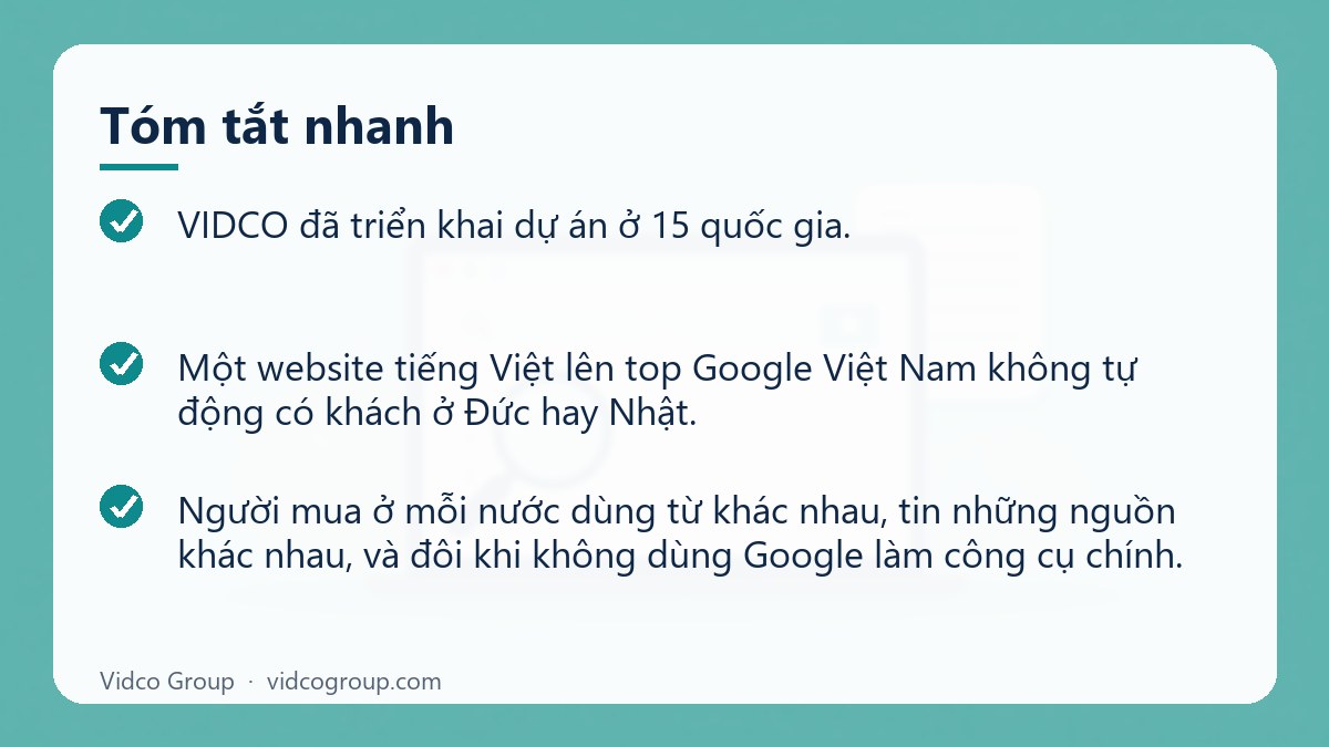 Tóm tắt nhanh: Dịch vụ SEO quốc tế cho doanh nghiệp Việt bán hàng ra nước ngoài