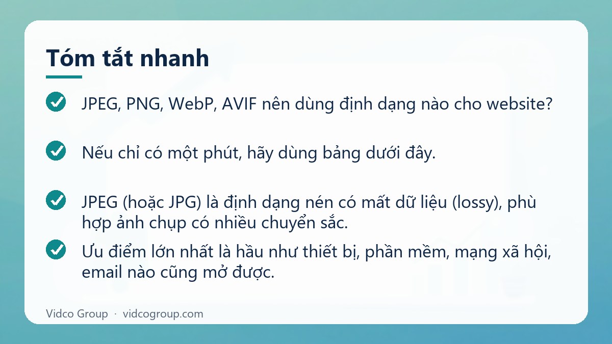 Tóm tắt nhanh: JPEG, PNG, WebP, AVIF nên dùng định dạng nào cho website