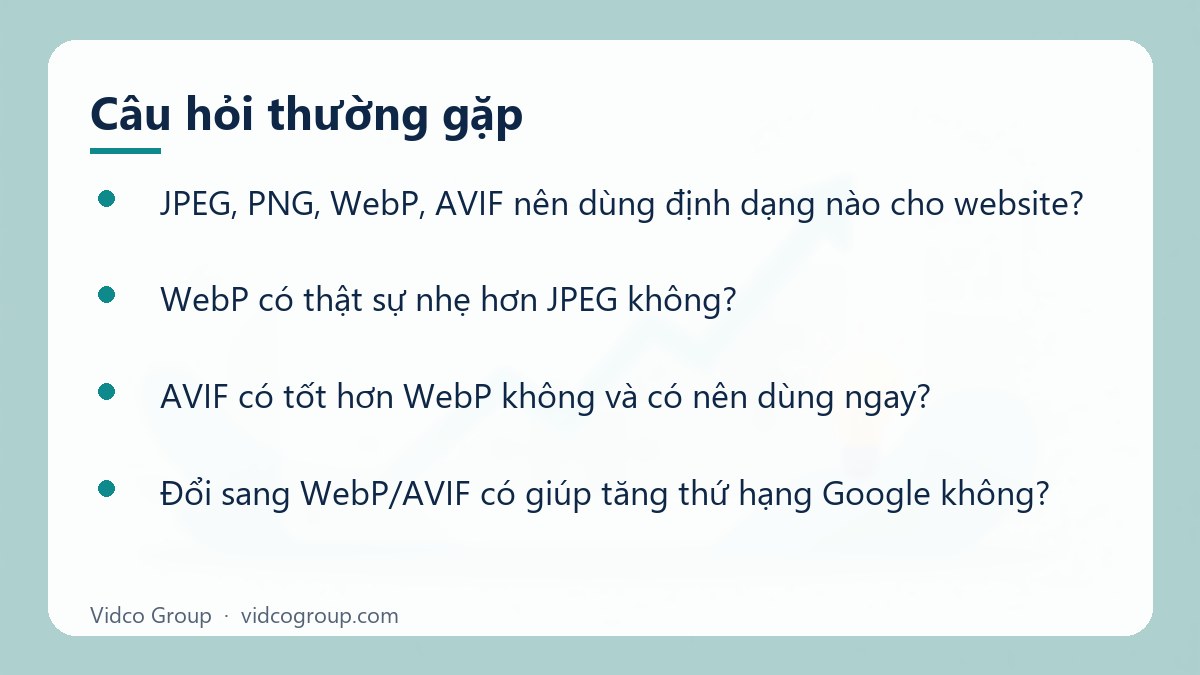 Một số câu hỏi thường gặp về JPEG, PNG, WebP, AVIF nên dùng định dạng nào cho website