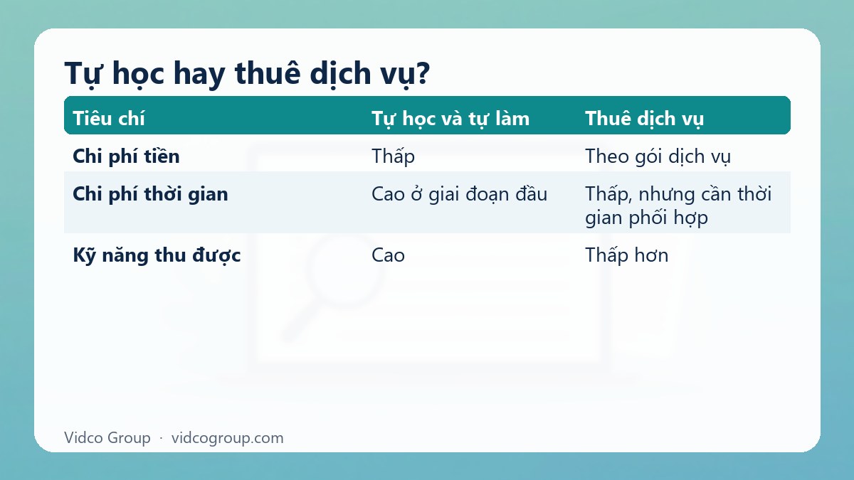 Bảng tóm tắt: Tự học hay thuê dịch vụ?