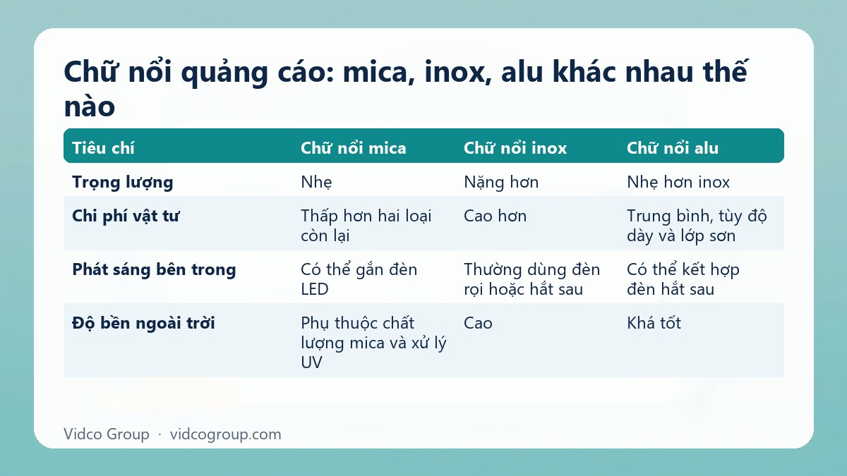 Bảng tóm tắt: Chữ nổi quảng cáo: mica, inox, alu khác nhau thế nào