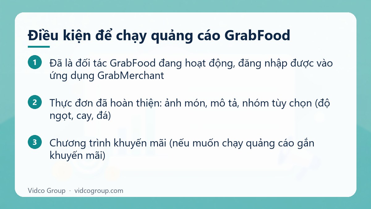 Các bước: Điều kiện để chạy quảng cáo GrabFood