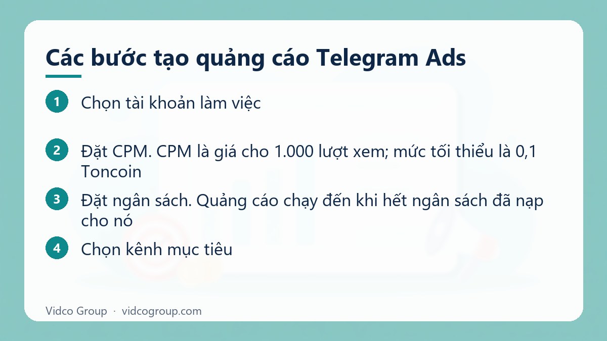 Các bước: Các bước tạo quảng cáo Telegram Ads