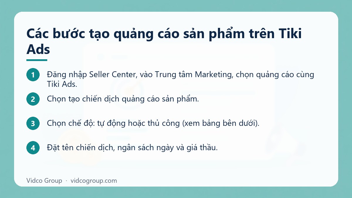 Các bước: Các bước tạo quảng cáo sản phẩm trên Tiki Ads
