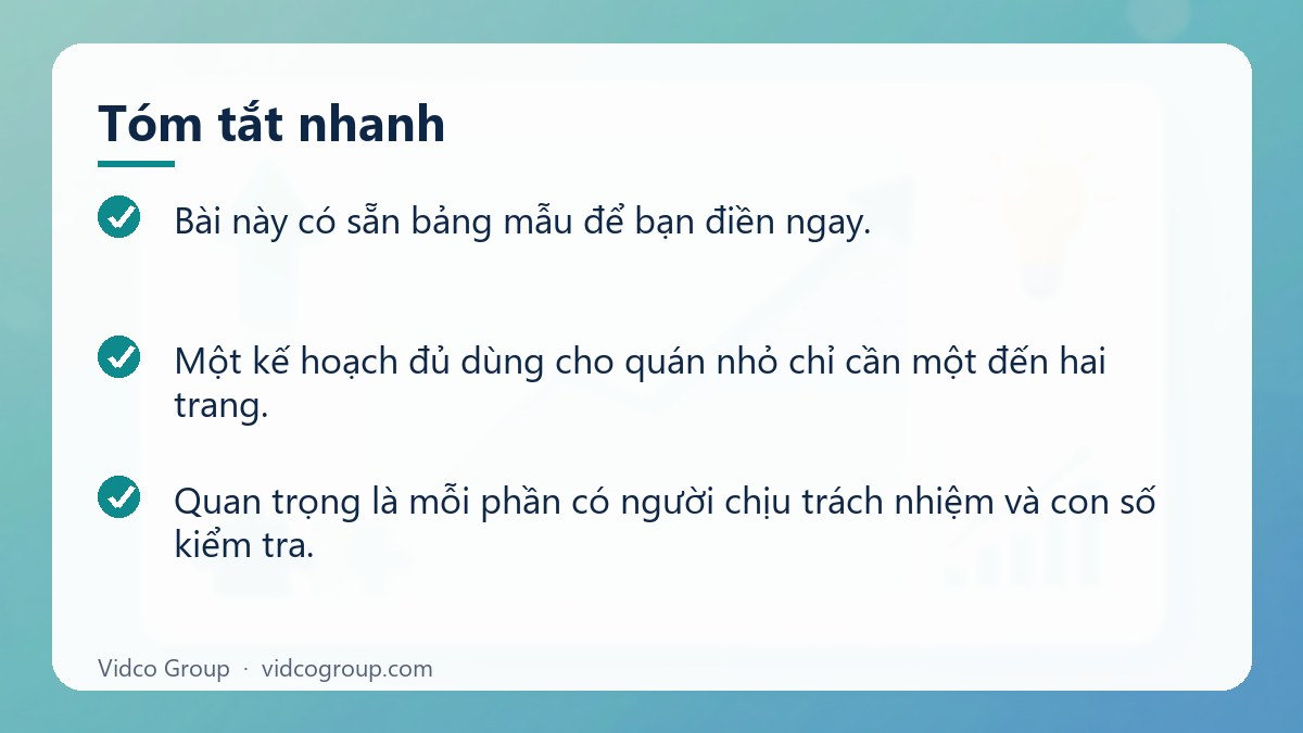 Tóm tắt nhanh: Kế hoạch marketing quán cafe 8 bước kèm bảng mẫu