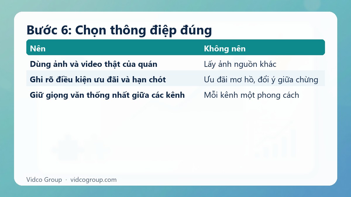 Bảng tóm tắt: Bước 6: Chọn thông điệp đúng