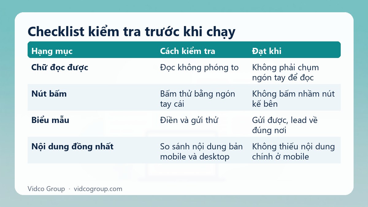 Bảng tóm tắt: Checklist kiểm tra trước khi chạy