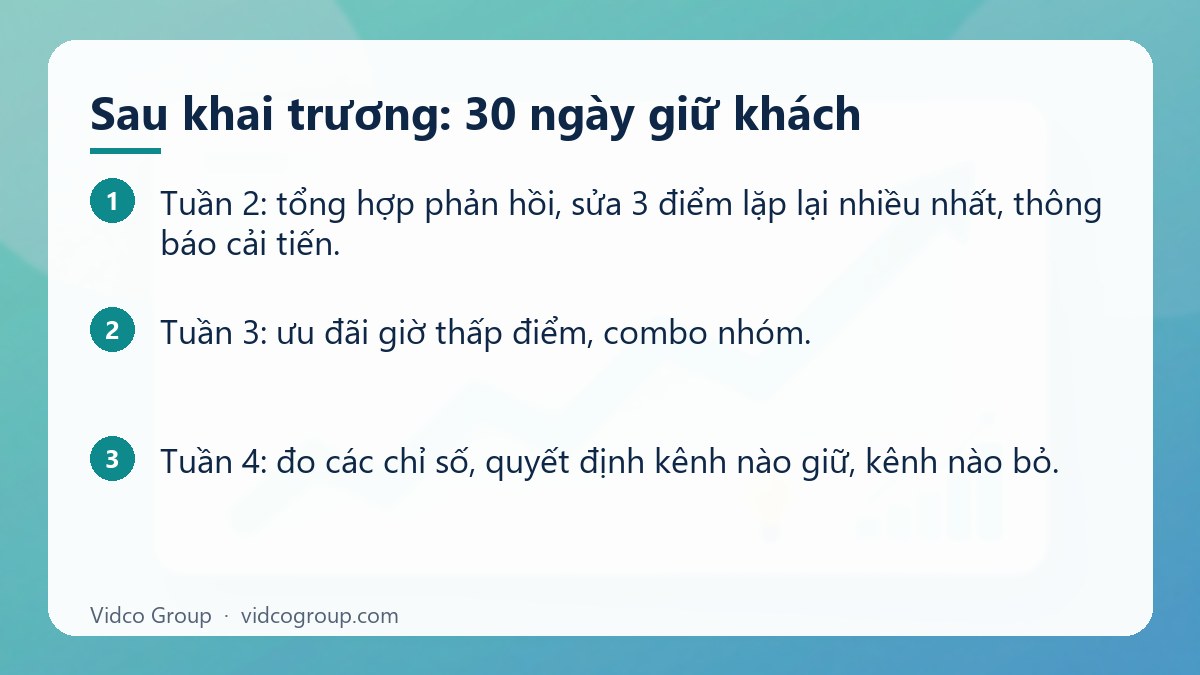 Các bước: Sau khai trương: 30 ngày giữ khách