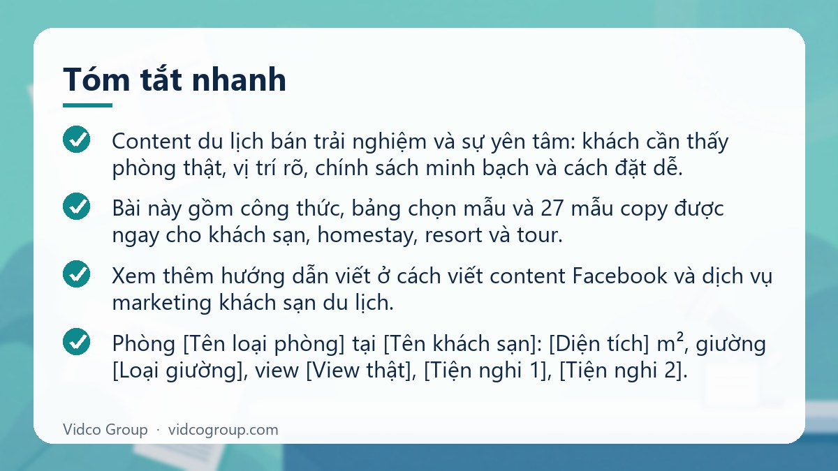 Tóm tắt nhanh: Mẫu content du lịch, khách sạn