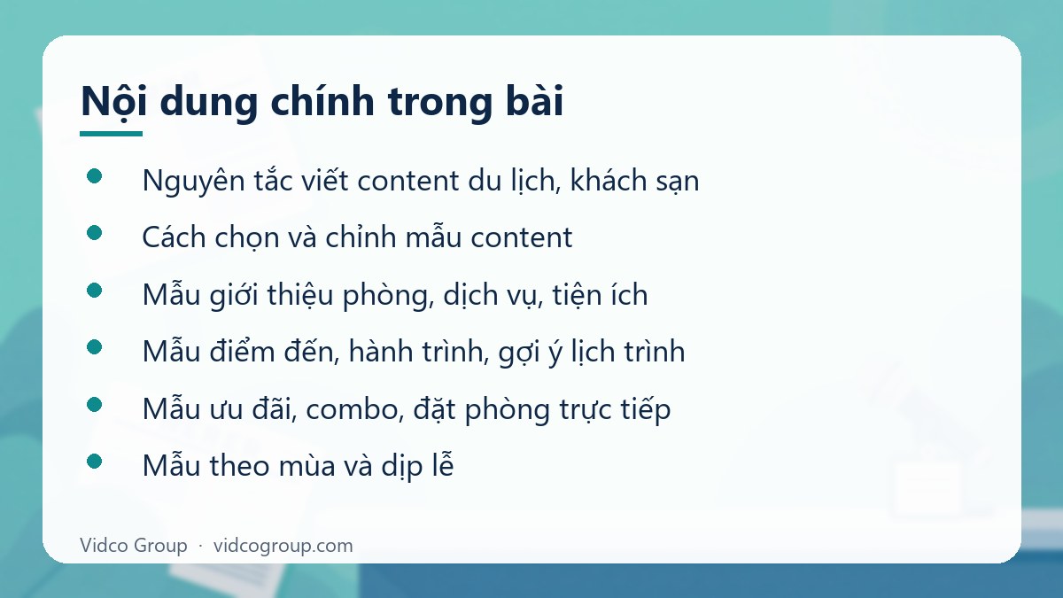 Nội dung chính: Mẫu content du lịch, khách sạn