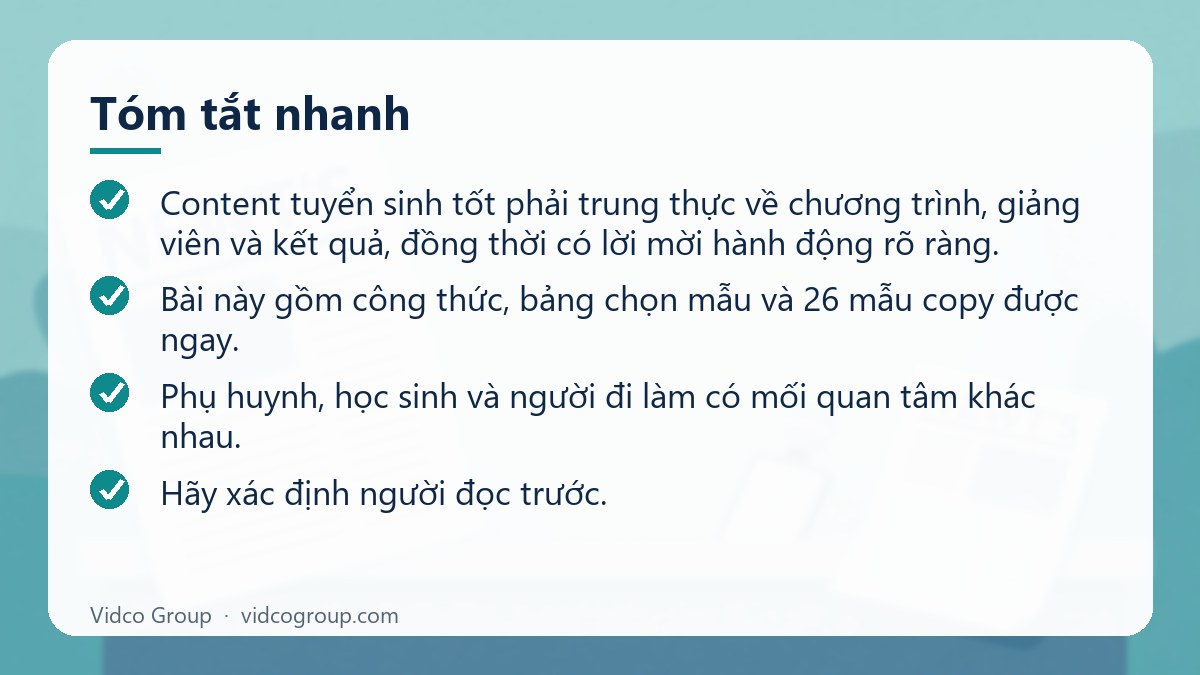 Tóm tắt nhanh: Mẫu content giáo dục, tuyển sinh