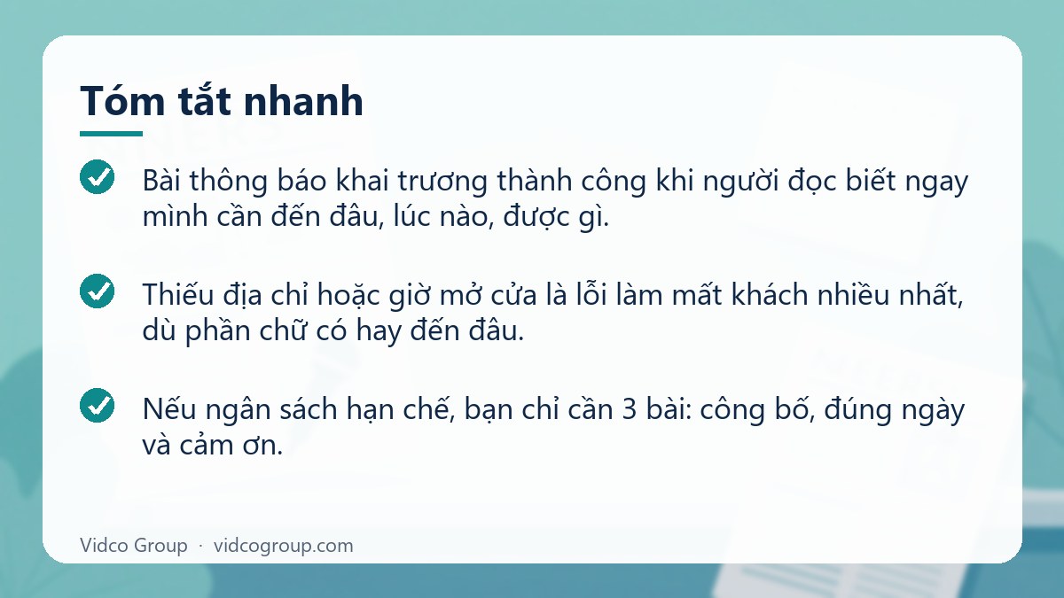 Tóm tắt nhanh: Mẫu content khai trương