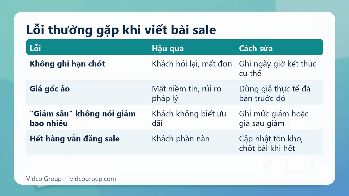 Bảng tóm tắt: Lỗi thường gặp khi viết bài sale