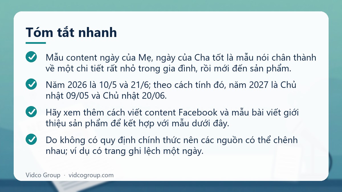 Tóm tắt nhanh: Mẫu content ngày của Mẹ, ngày của Cha