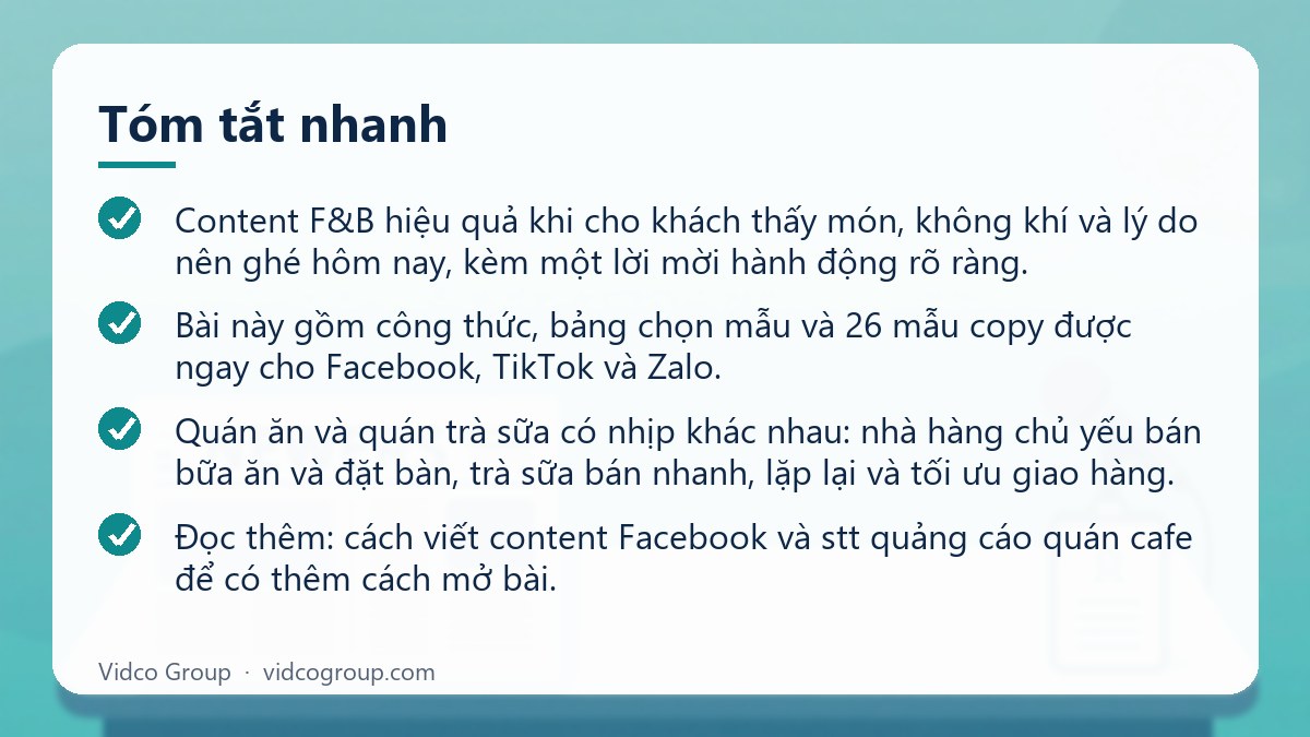 Tóm tắt nhanh: Mẫu content nhà hàng, quán trà sữa