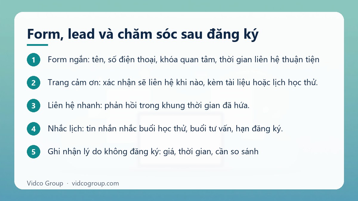 Các bước: Form, lead và chăm sóc sau đăng ký