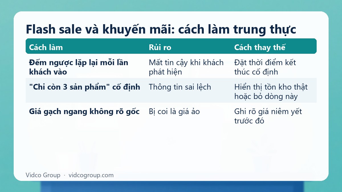 Bảng tóm tắt: Flash sale và khuyến mãi: cách làm trung thực