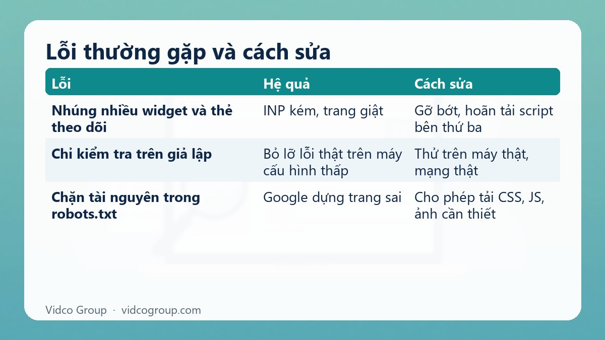 Bảng tóm tắt: Lỗi thường gặp và cách sửa