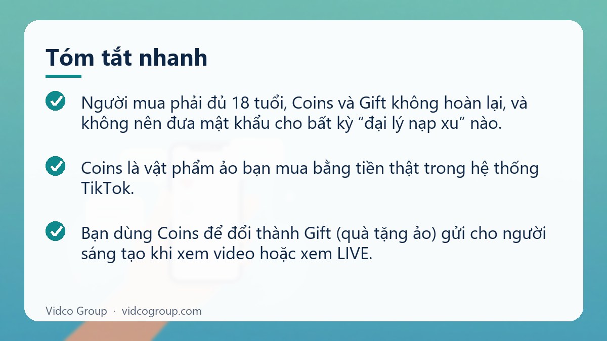 Tóm tắt nhanh: Nạp xu TikTok đúng kênh chính thức, tránh rủi ro